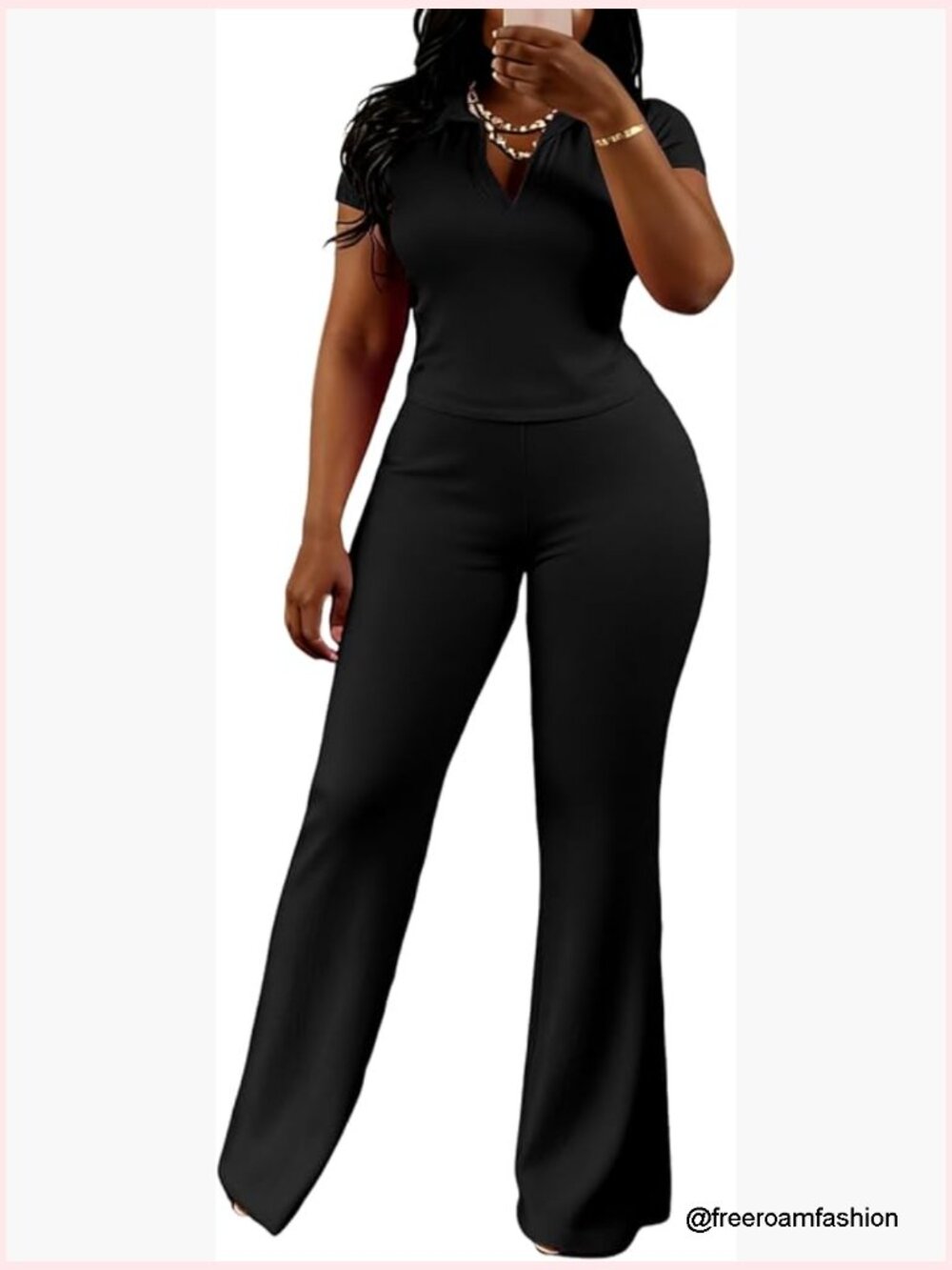 2 Piece Outfits Slim Fit V Neck Polo Top Flare Pants Short Sleeve Set